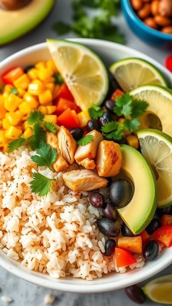 Cilantro Lime Rice Bowls - A Perfect Addition to Your Cinco de Mayo Feast Cilantro lime rice bowl topped with chicken, beans, corn, and avocado, with lime and cilantro garnish.